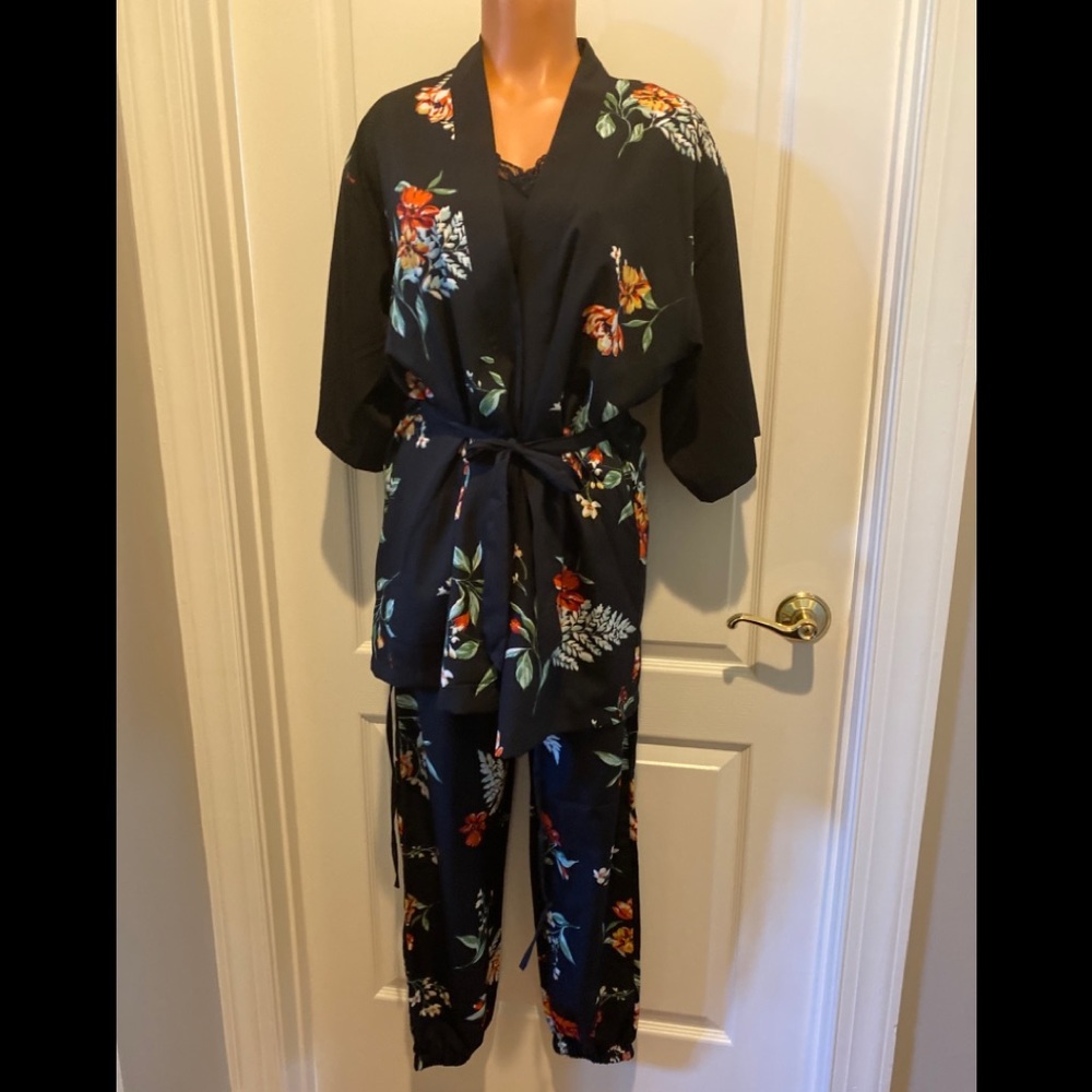JAPNA Lounge 3pc Cami Pants PJ Pajama Robe Set S Small $75 NWOT